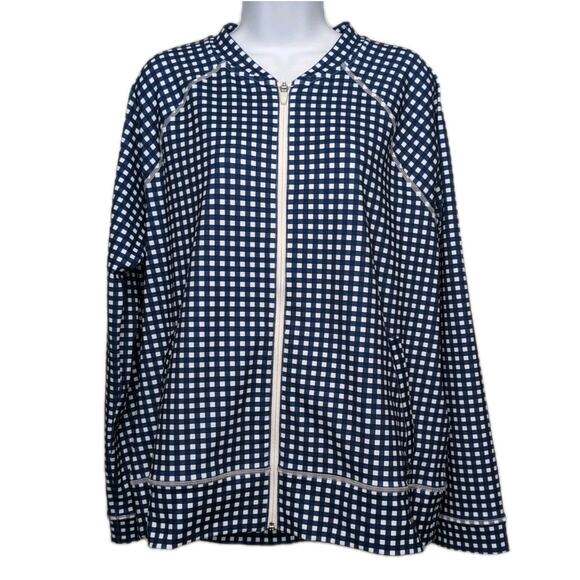 T by Talbots Full Zip Jacket Womens XL Navy White Check Activewear Pockets UPF - Picture 1 of 12